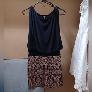 NWT Betsy & Adam blouson short dress w/ gold sequin skirt, open back sz 4 LBD